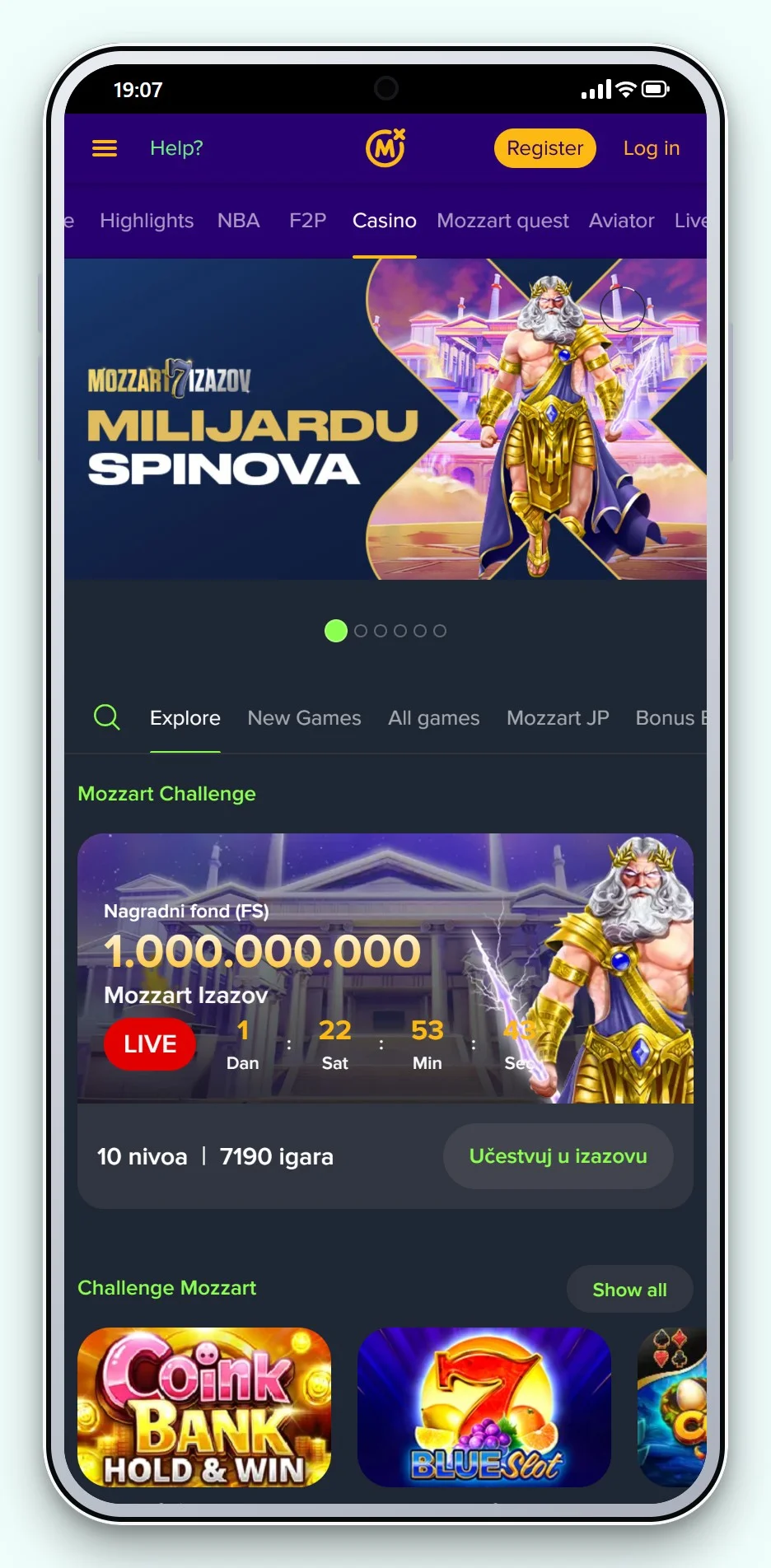 casino with Trustly: Mozzart on mobile, the casino lobby on a phone