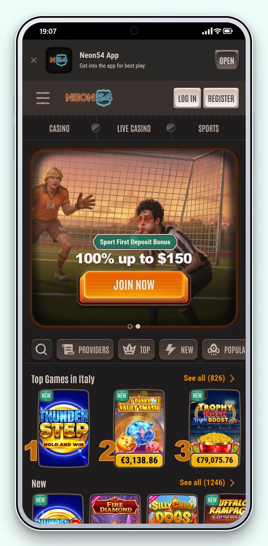 casinos with Trustly: Neon54 on mobile, the casino lobby on a phone