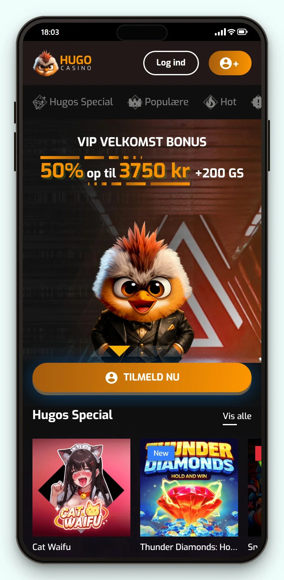 udenlandsk casino med Trustly: spillobbyen hos Hugo Casino på mobilen