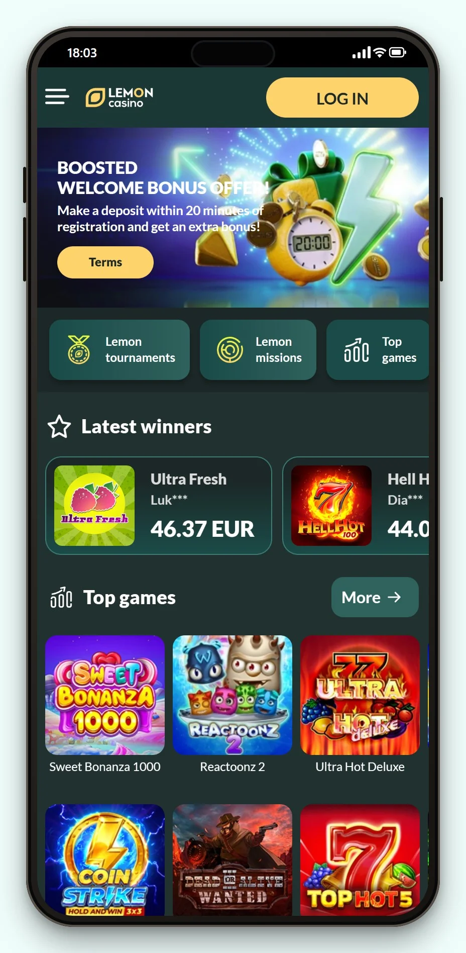 Trustly casinoer: Lemon Casino på mobilen, casinoets spillobby