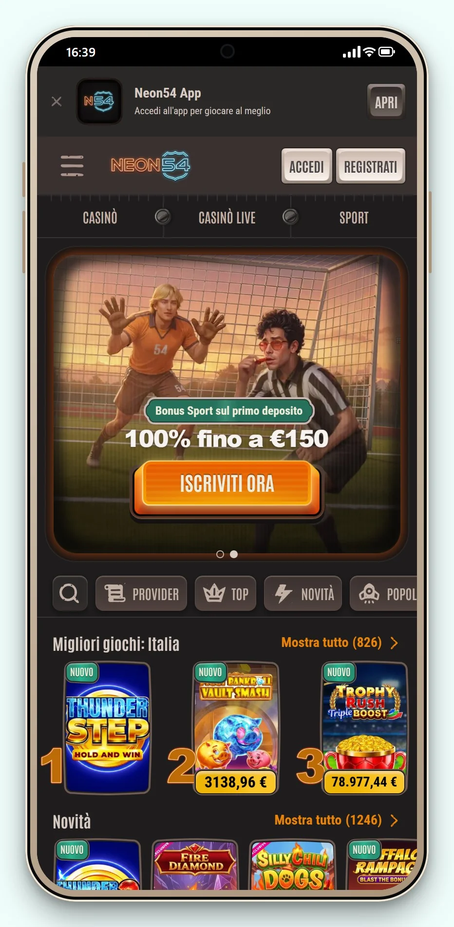 casino trustly italia: Neon54 da smartphone, la lobby del casinò