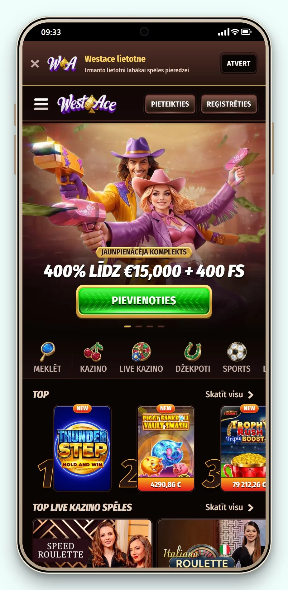 kazino ar trustly: WestAce mobilajā versijā, kazino spēļu lobijs
