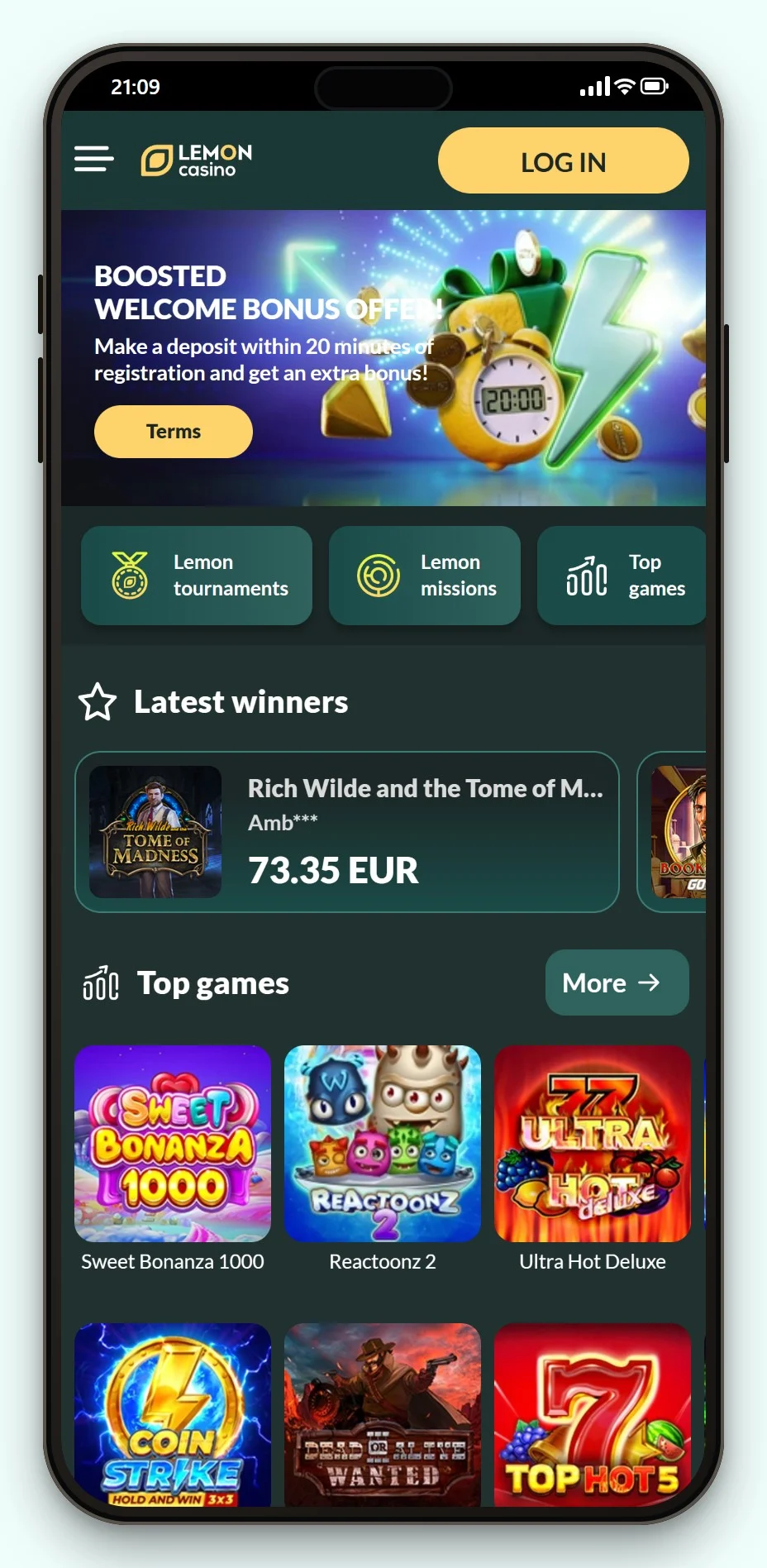 casino Trustly: Lemon Casino i mobilen, startsidan och spellobbyn
