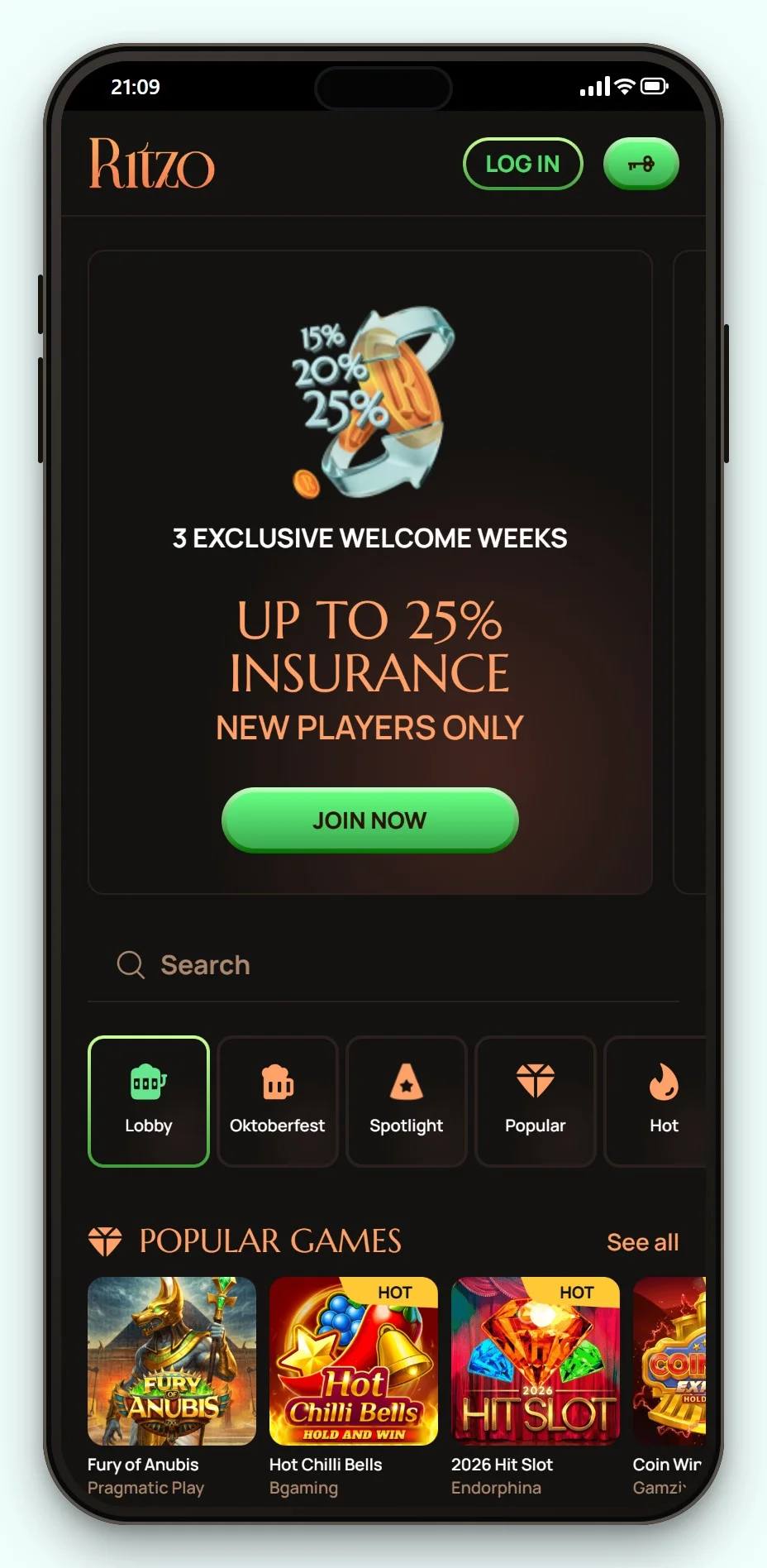 utländska casino med Trustly: spellobbyn hos Ritzo i mobilen