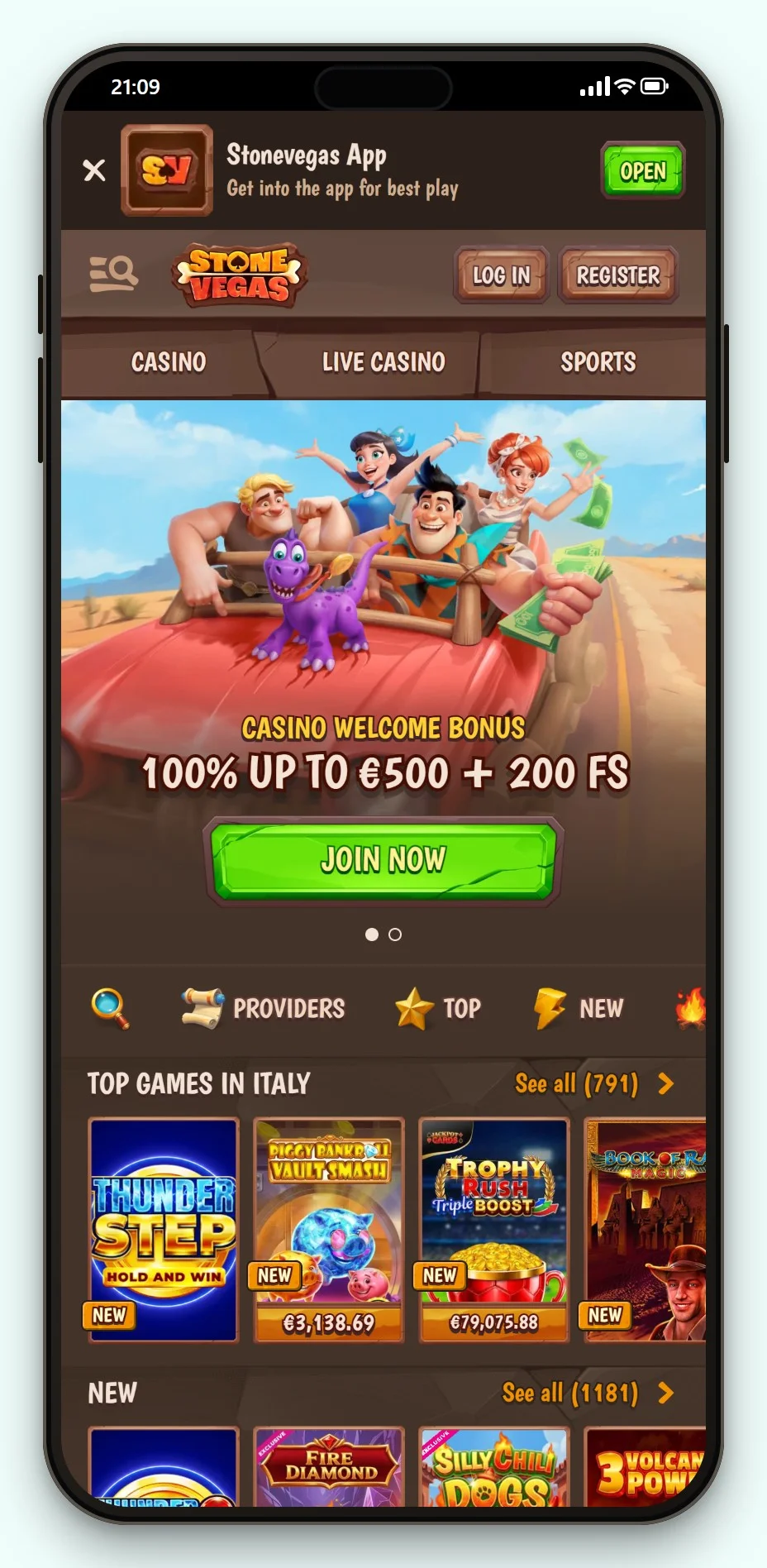 casino med Trustly: StoneVegas i mobilen, startsidan och spellobbyn